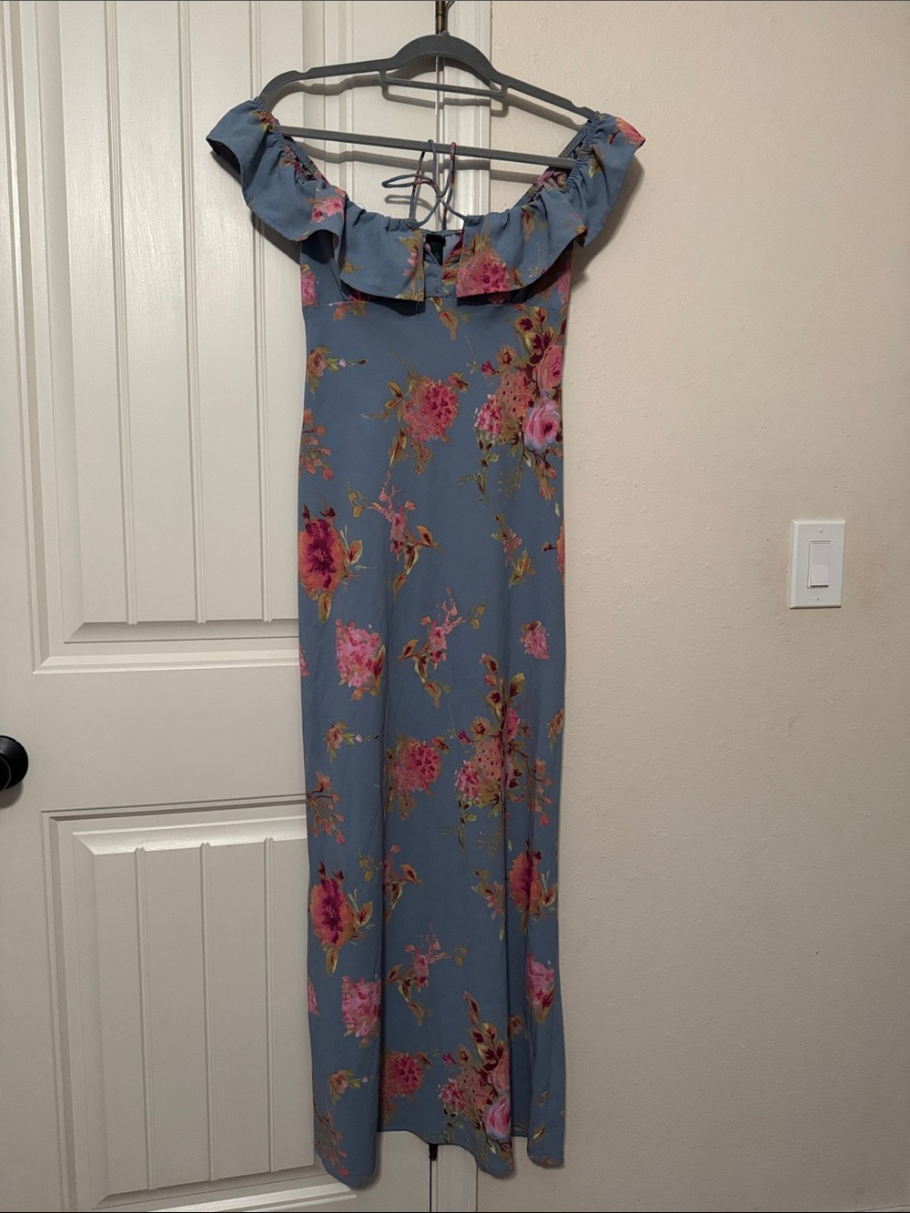 Floral Off-Shoulder Maxi Dress in Dusty Blue